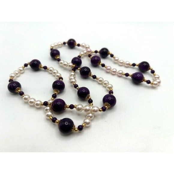 Amethyst? Purple Beaded Faux Pearl Necklace Gold Tone 30" Long - Picture 1 of 8